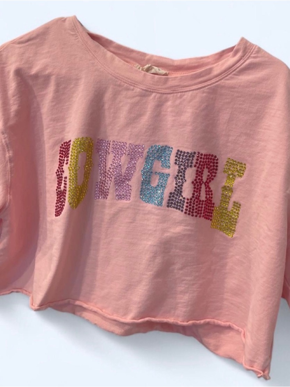 Peach Love California Pink Crop Tee with Multicolor Studded 'COWGIRL' Graphic